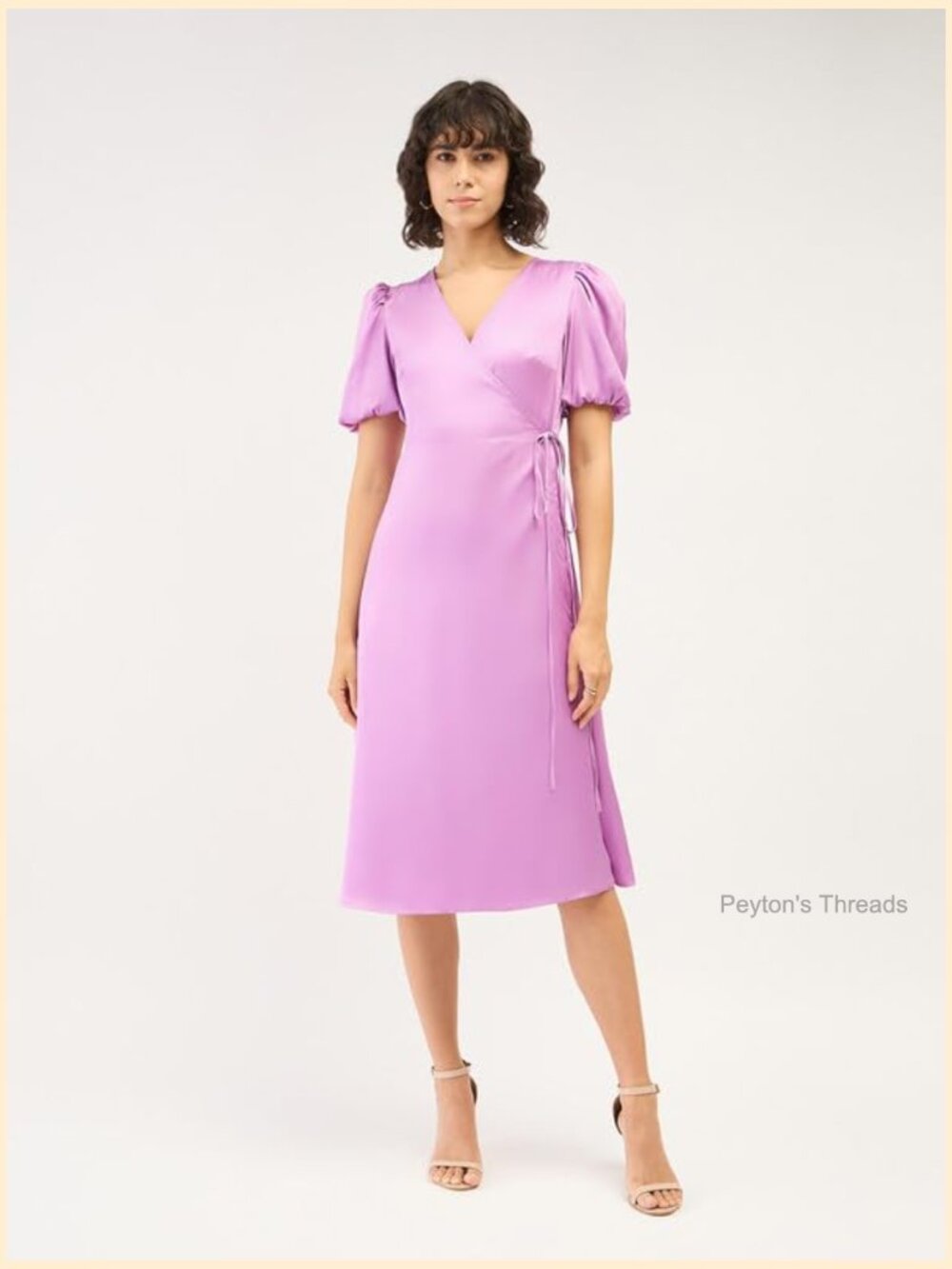 Midi Length Wrap Dress – Satin V-Neck Fit & Flare Balloon Sleeves - Picture 3 of 7